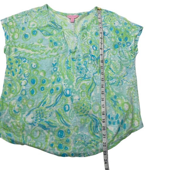 Lilly Pulitzer Womens S Top Green/Blue Pattern 100% Linen cap Sleeve Casual Shir - Picture 7 of 7
